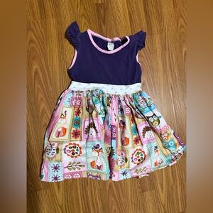 KPea Quilt Animal Print Purple Fox Owl Porcupine Dress Size 5T